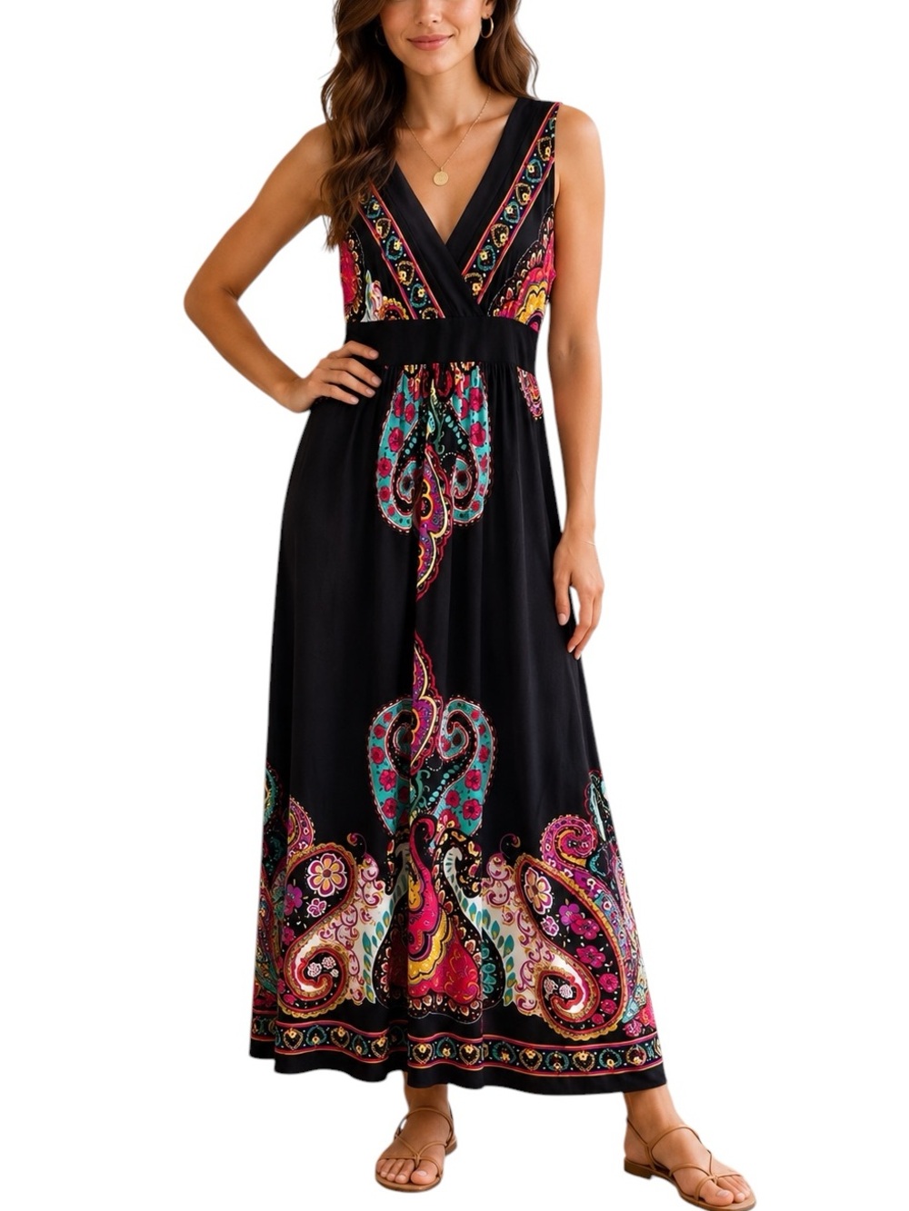 AB Studio Paisley Maxi Dress Sleeveless Boho Resort Mediterranean Vacation L